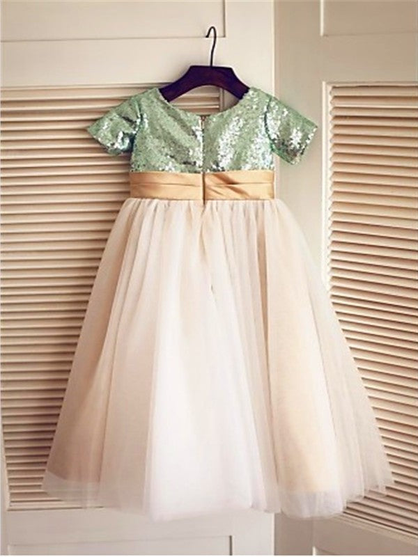 Sequin Short Tulle Tea-Length A-line/Princess Sleeves Scoop Flower Girl Dresses