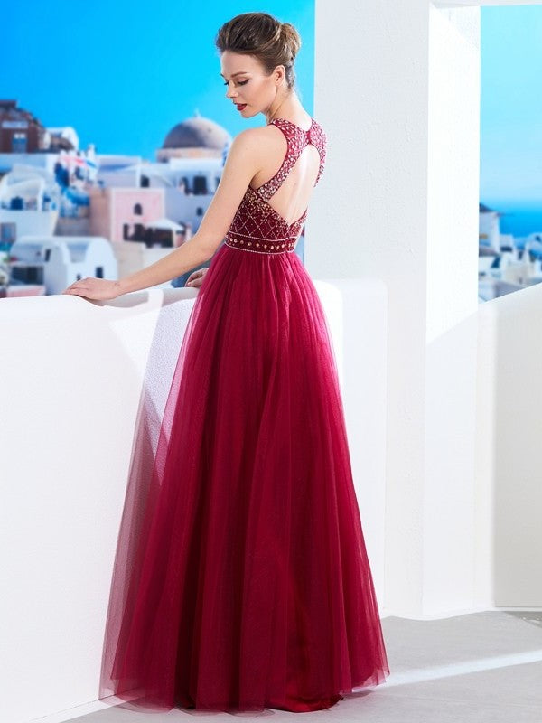 Sleeveless Scoop Floor-Length A-Line/Princess Beading Tulle Dresses