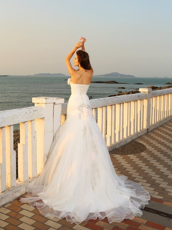 Hand-Made Satin Long Flower Sleeveless Gown Strapless Ball Beach Wedding Dresses