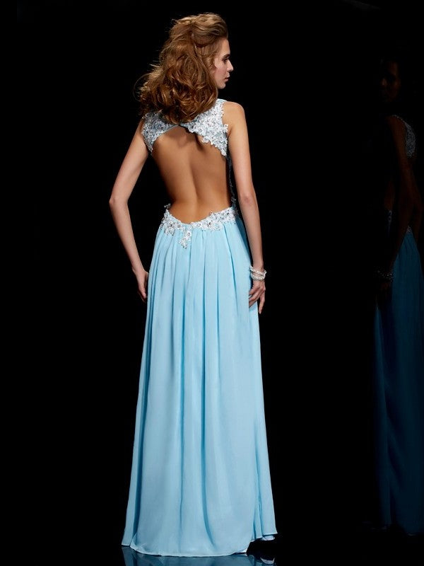 A-Line/Princess Sleeveless Beading Straps Applique Long Chiffon Dresses