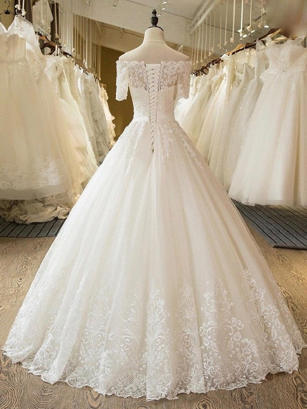 Applique Floor-Length Lace Sleeves Off-the-Shoulder 1/2 Gown Ball Tulle Wedding Dresses