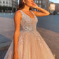 Beading Tulle Gown Ball V-neck Sleeveless Floor-Length Dresses