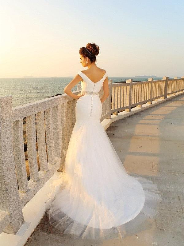 Net Sheath/Column V-neck Long Sleeveless Pleats Beach Wedding Dresses
