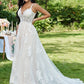 V-neck Sweep/Brush Applique A-Line/Princess Lace Sleeveless Train Wedding Dresses