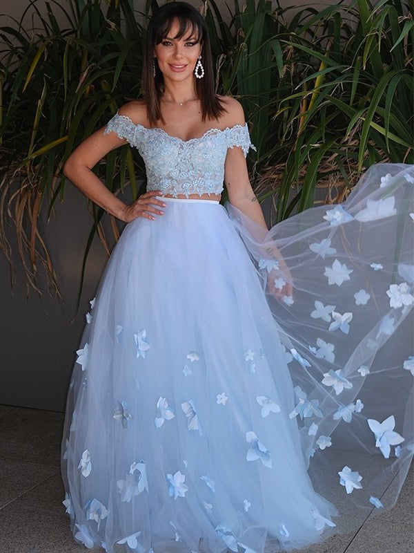 Floor-Length Off-the-Shoulder Applique Tulle A-Line/Princess Sleeveless Two Piece Dresses