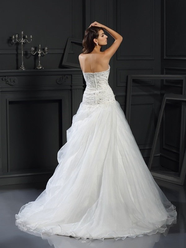Gown Ruffles Sweetheart Long Ball Sleeveless Organza Wedding Dresses