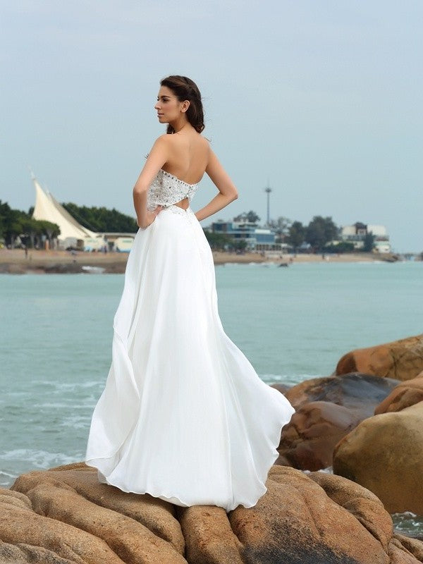 Chiffon Long Beading Sleeveless A-Line/Princess Sweetheart Beach Wedding Dresses