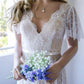 Short Sweep/Brush A-Line/Princess Sash/Ribbon/Belt V-neck Lace Sleeves Train Wedding Dresses