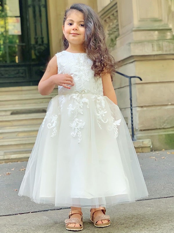 Ankle-Length Scoop Tulle A-Line/Princess Sleeveless Lace Flower Girl Dresses