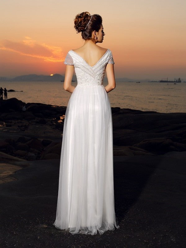 Short Long Off-the-Shoulder Beading Sleeves A-Line/Princess Tulle Beach Wedding Dresses