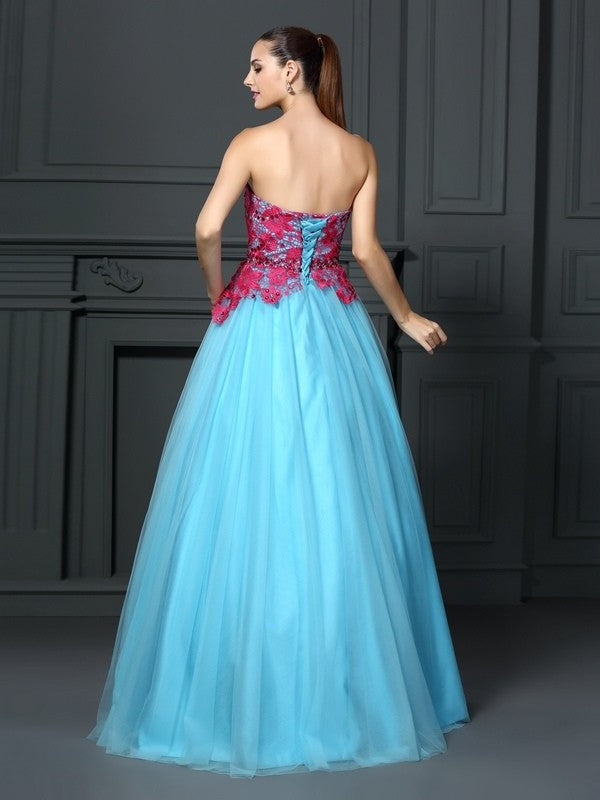 Sleeveless Gown Ball Lace Sweetheart Long Satin Quinceanera Dresses