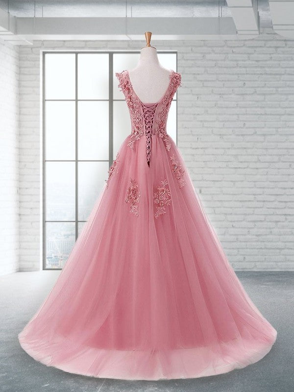 A-Line/Princess Train Sleeveless Scoop Sweep/Brush Applique Tulle Dresses