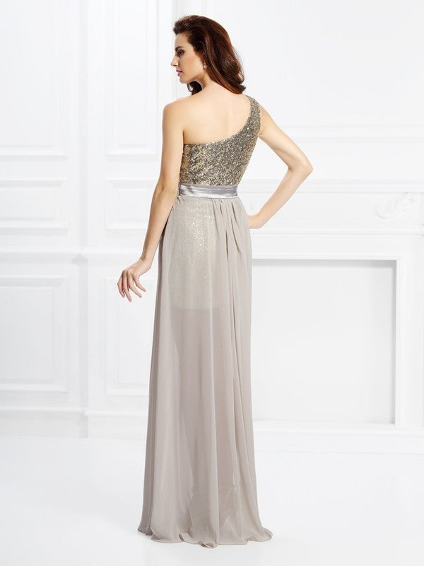 Sleeveless Sequin One-Shoulder A-Line/Princess Long Chiffon Dresses