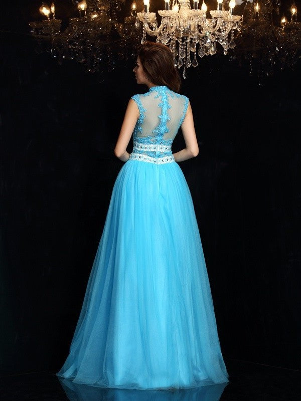 Neck Sleeveless Applique A-Line/Princess High Long Satin Dresses