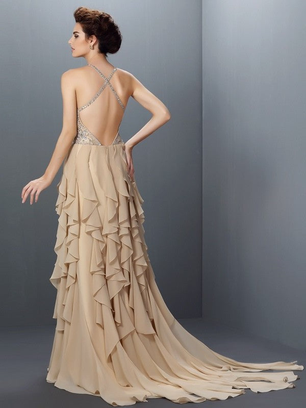 V-neck Sleeveless A-Line/Princess Beading Long Chiffon Dresses