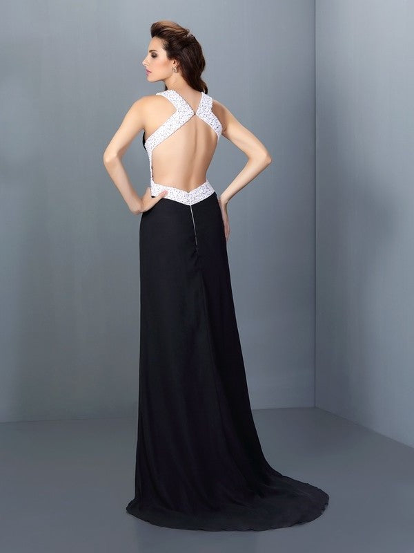 High Beading Sleeveless Neck A-Line/Princess Long Chiffon Dresses