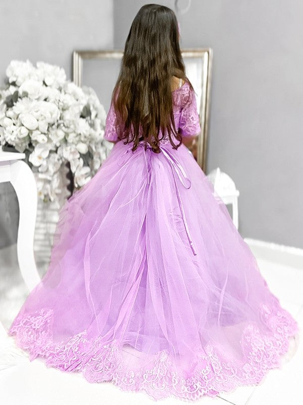 Tulle Sleeves Ball 1/2 Off-the-Shoulder Sweep/Brush Lace Gown Train Flower Girl Dresses