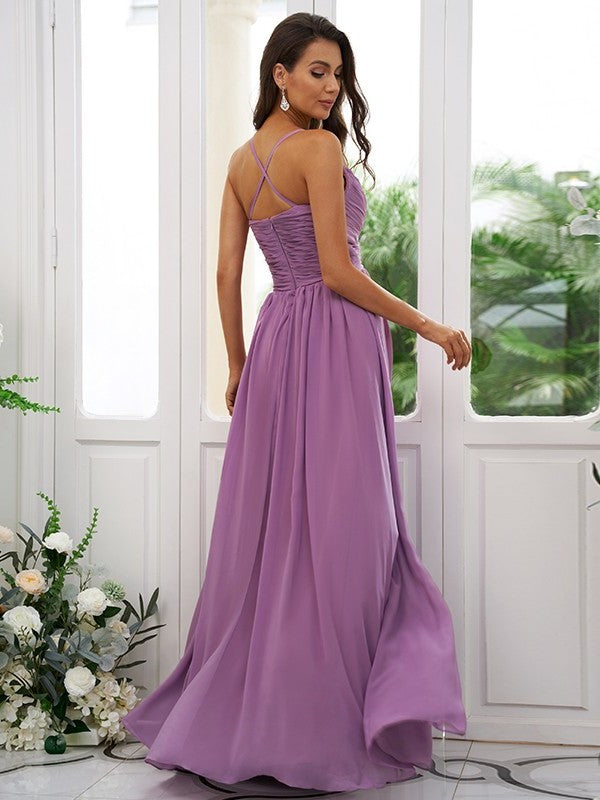 A-Line/Princess Ruched V-neck Sleeveless Chiffon Floor-Length Bridesmaid Dresses