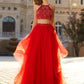 Spaghetti A-Line/Princess Floor-Length Straps Sleeveless Tulle Beading Two Piece Dresses