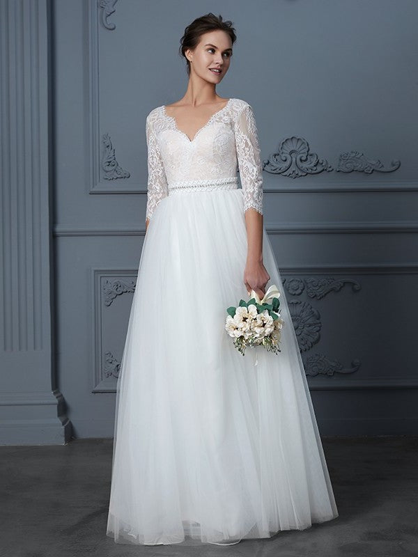 3/4 A-Line/Princess V-neck Floor-Length Sleeves Lace Tulle Wedding Dresses
