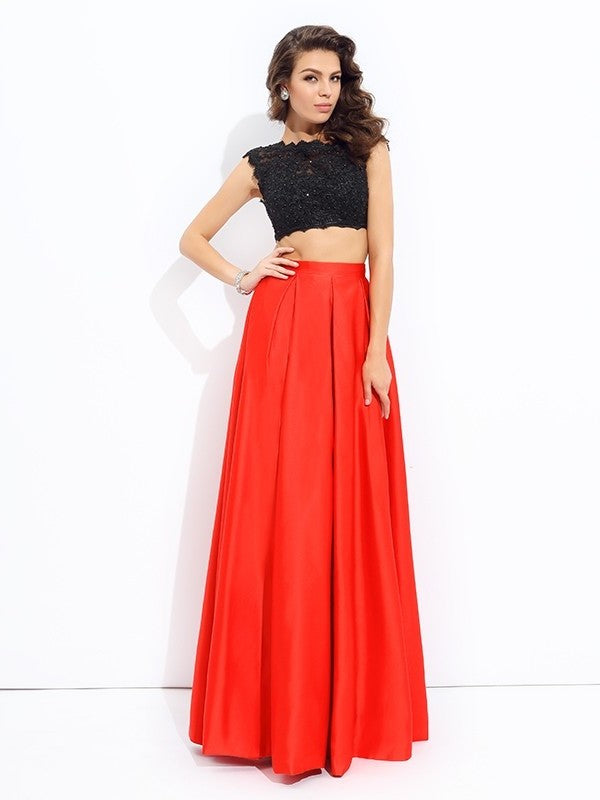 Sleeveless Satin A-line/Princess Long Lace Scoop Two Piece Dresses