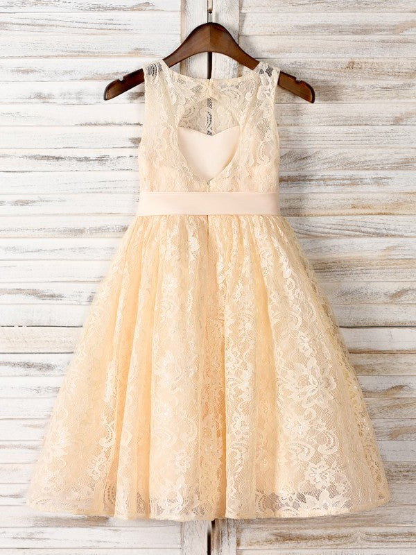 Lace Sash/Ribbon/Belt Scoop Sleeveless Tea-Length A-Line/Princess Flower Girl Dresses