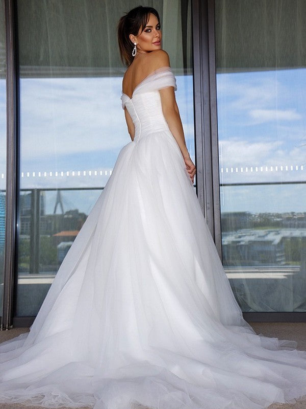 Ruched Tulle Off-the-Shoulder Sweep/Brush Sleeveless A-Line/Princess Train Wedding Dresses