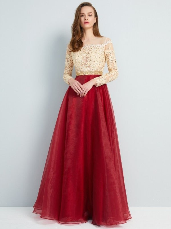 A-Line/Princess Floor-Length Neck Long Sleeves Sheer Applique Organza Dresses