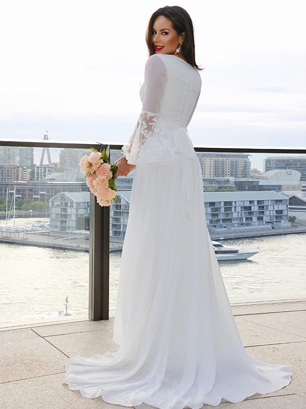 Sash/Ribbon/Belt Lace Sweep/Brush Long Sleeves A-Line/Princess V-neck Train Wedding Dresses