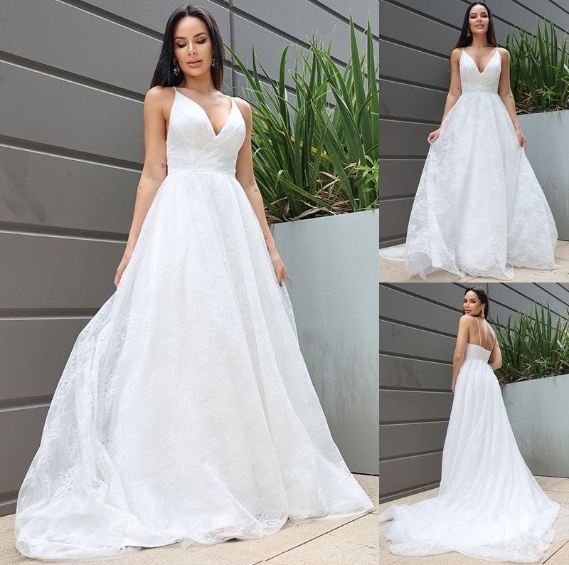 V-neck Lace Sleeveless Ruched A-Line/Princess Sweep/Brush Train Wedding Dresses