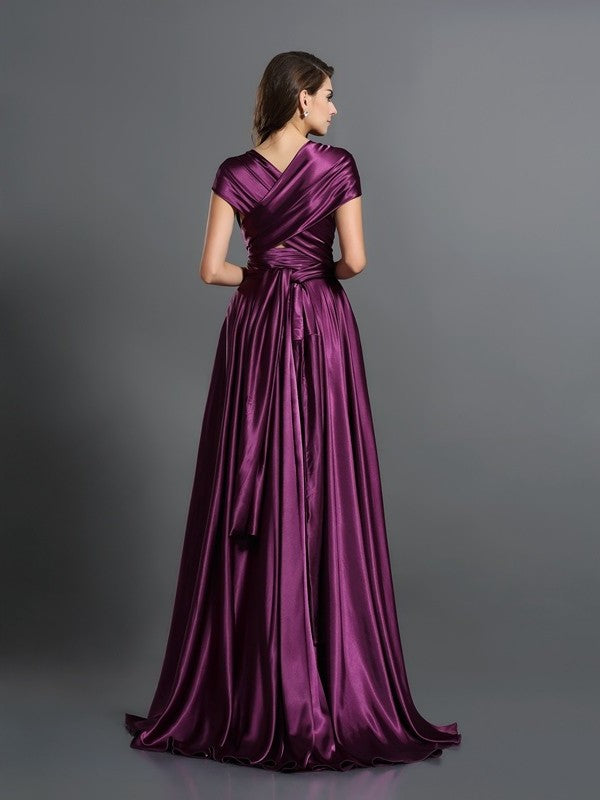Pleats Silk A-Line/Princess like Long Sleeveless Satin Bridesmaid Dresses
