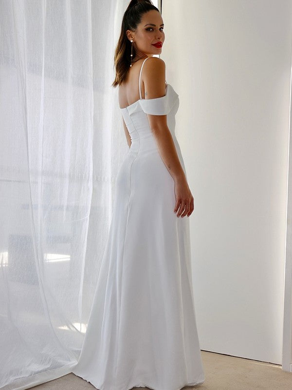 Sheath/Column Spaghetti Straps Satin Sleeveless Ruched Floor-Length Wedding Dresses