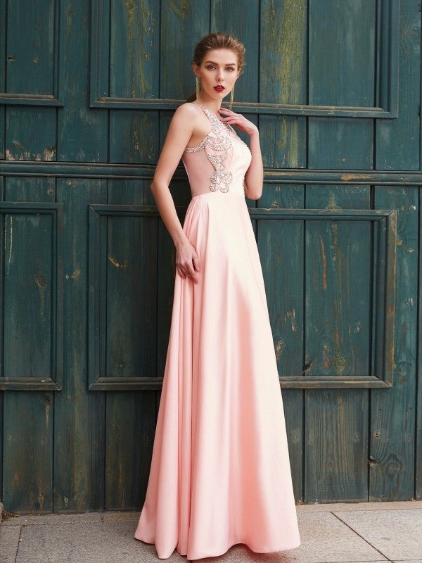 A-Line/Princess Beading Scoop Sleeveless Satin Floor-Length Dresses