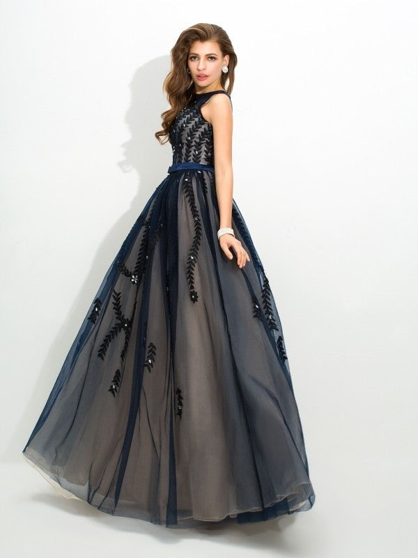 Neck A-Line/Princess Sleeveless Sheer Applique Long Tulle Dresses