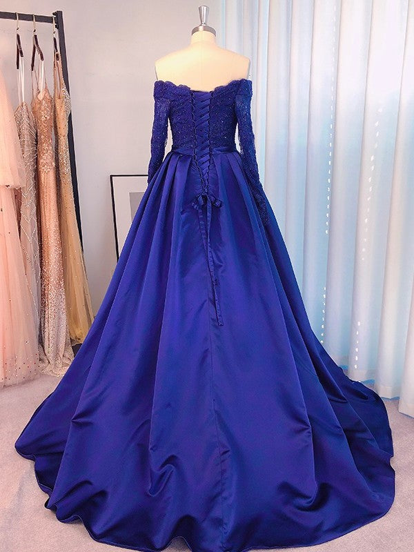 Sleeves Beading Long Gown Ball Satin Off-the-Shoulder Sweep/Brush Train Dresses