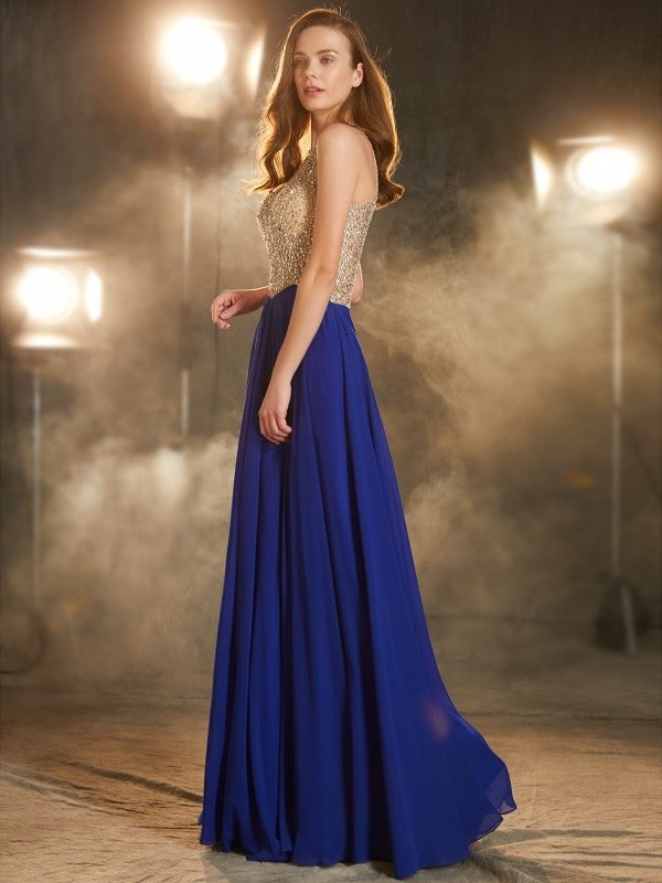 A-Line/Princess Floor-Length Scoop Sleeveless Crystal Chiffon Dresses