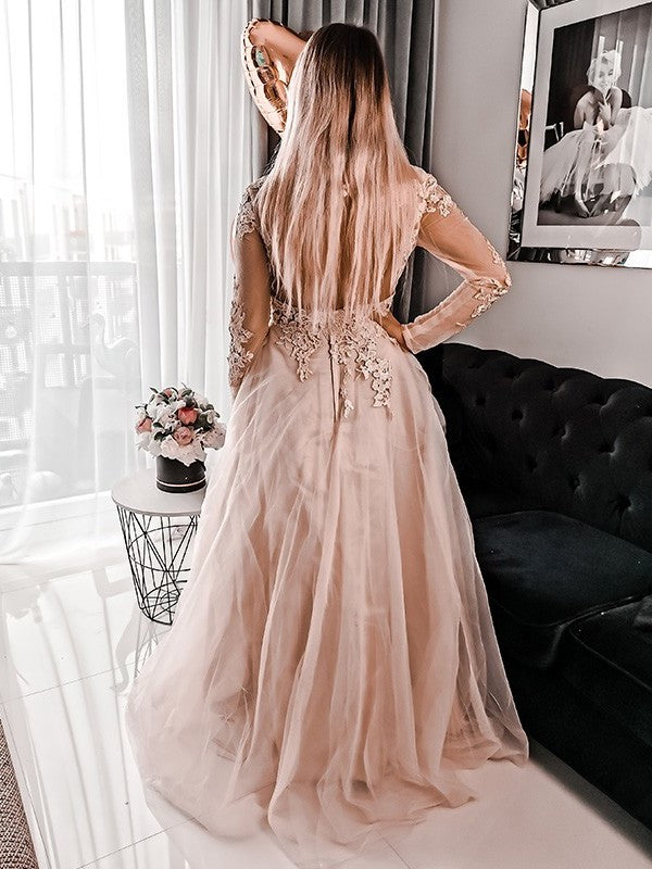 Long A-Line/Princess Tulle Sleeves Applique Floor-Length Scoop Dresses