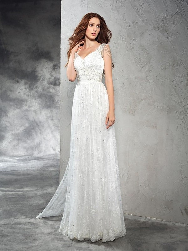 Lace A-Line/Princess Straps Sleeveless Long Lace Wedding Dresses