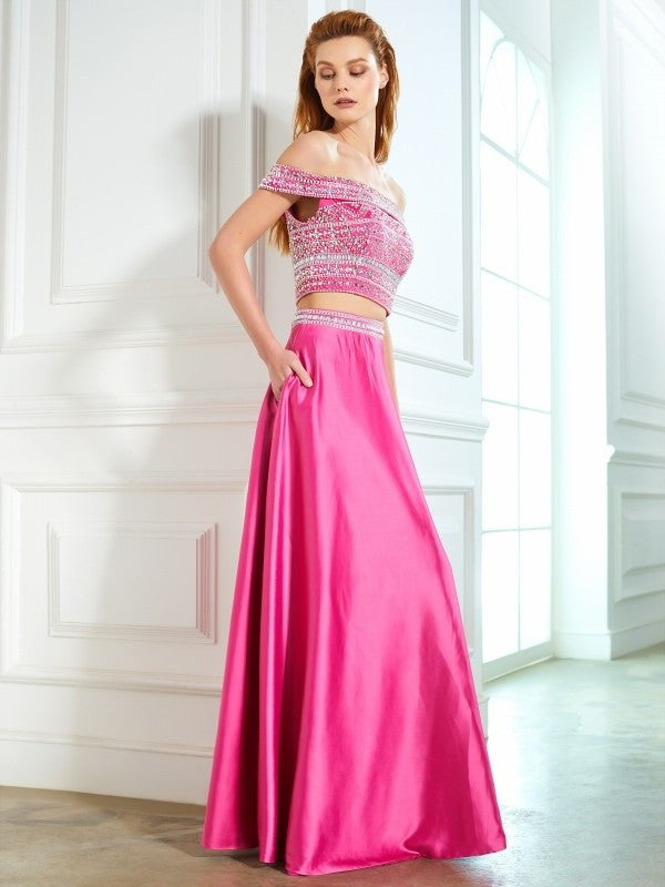 Off-the-Shoulder Beading Floor-Length Satin A-Line/Princess Sleeveless Two Piece Dresses