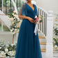 V-neck A-Line/Princess Tulle Short Sleeves Ruffles Floor-Length Bridesmaid Dresses