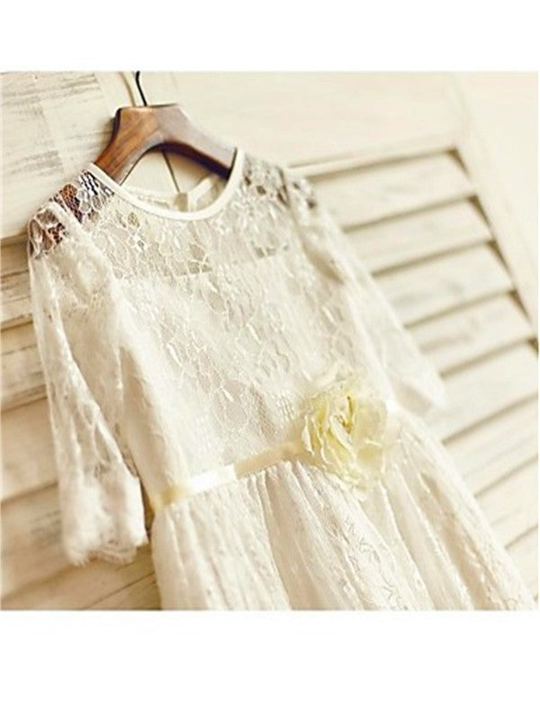 Lace Scoop A-line/Princess Ankle-Length Sleeves Hand-made 3/4 Flower Flower Girl Dresses