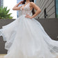 Lace A-Line/Princess V-neck Sweep/Brush Sleeveless Ruffles Train Wedding Dresses