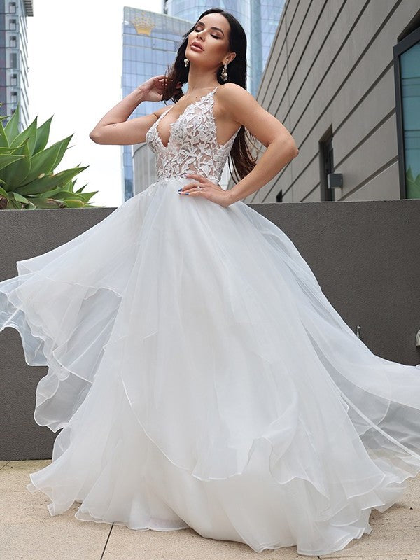 Lace A-Line/Princess V-neck Sweep/Brush Sleeveless Ruffles Train Wedding Dresses