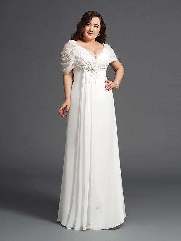 Long Ruched A-Line/Princess Short Off-the-Shoulder Chiffon Sleeves Plus Size Dresses
