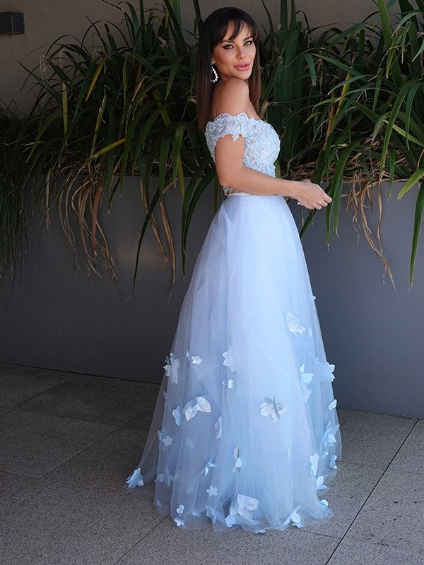 Floor-Length Off-the-Shoulder Applique Tulle A-Line/Princess Sleeveless Two Piece Dresses