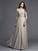 Sleeves A-Line/Princess 3/4 Scoop Applique Long Chiffon Dresses