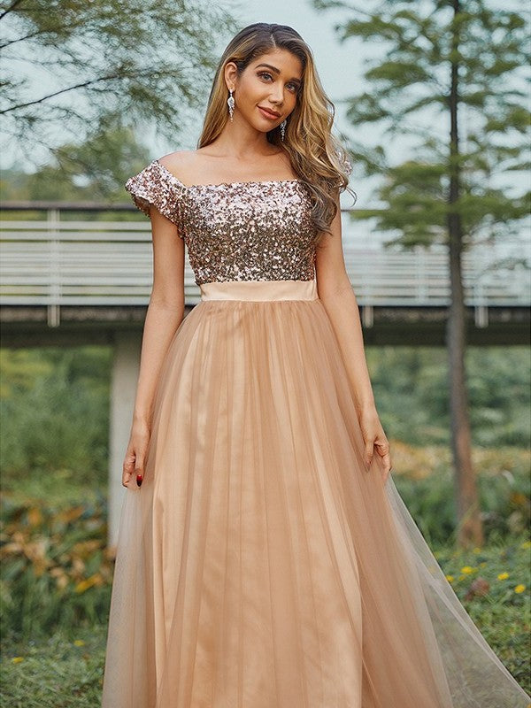 A-Line/Princess Off-the-Shoulder Tulle Sequin Sleeveless Floor-Length Bridesmaid Dresses