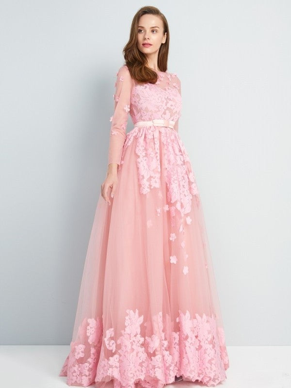 A-Line/Princess 3/4 Floor-Length Sleeves Scoop Applique Tulle Dresses