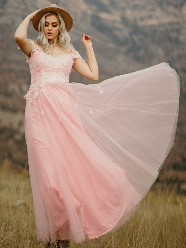 Sleeveless Sweetheart A-Line/Princess Tulle Applique Floor-Length Dresses