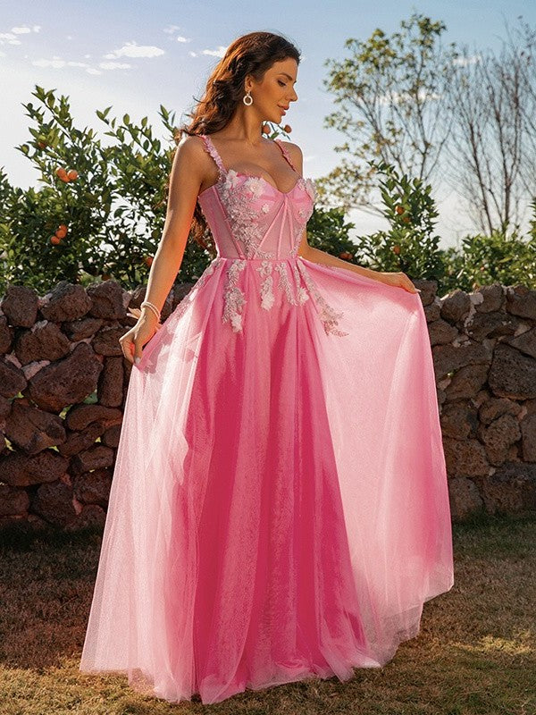 Tulle Straps Applique A-Line/Princess Sleeveless Floor-Length Dresses